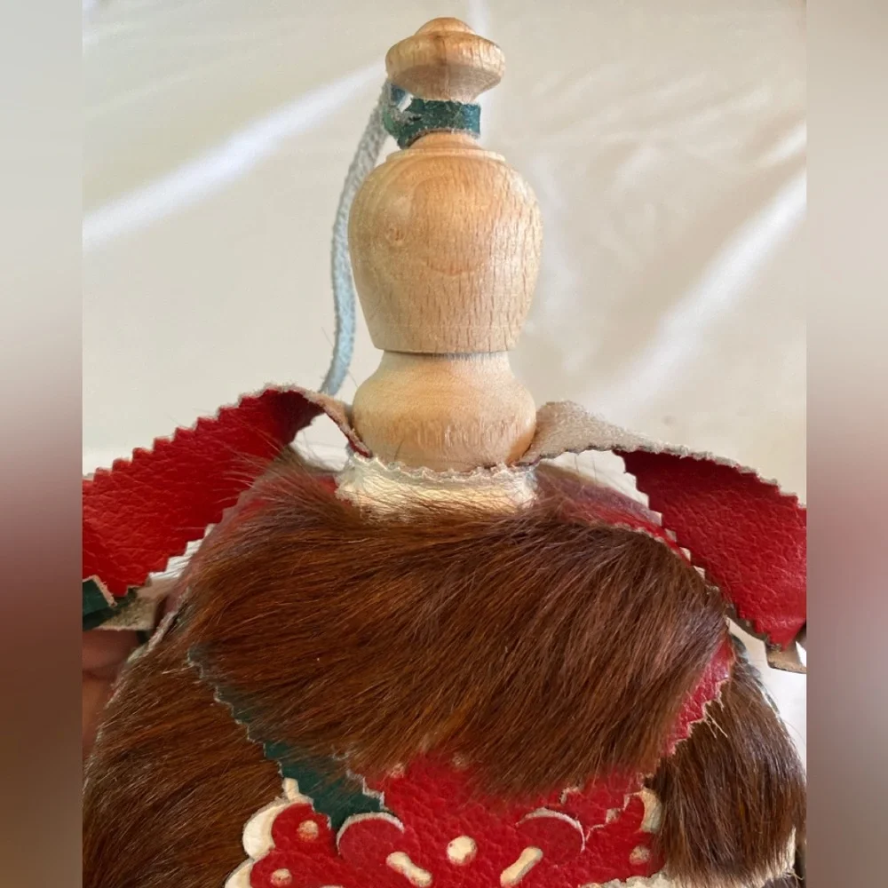 Vintage Hungarian Handmade Genuine Fur, Leather Wood Wrapped Wine Decanter Flask
